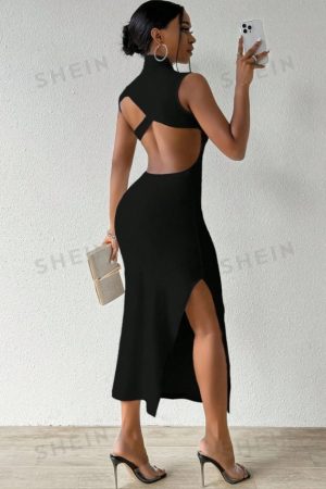 SHEIN Slayr Vestido Bodycon De Verano Con Abertura Lateral, Cuello Con Soporte y Diseño Sin Espalda